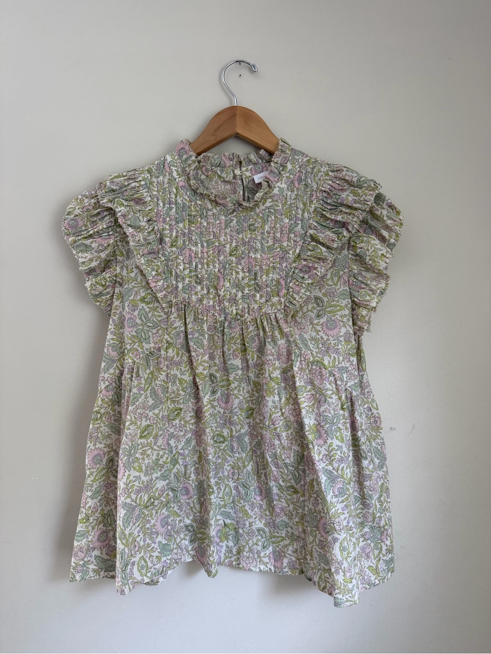 Smocked Floral Ruffle Sleeve Blouse in Pastel Green & Pink